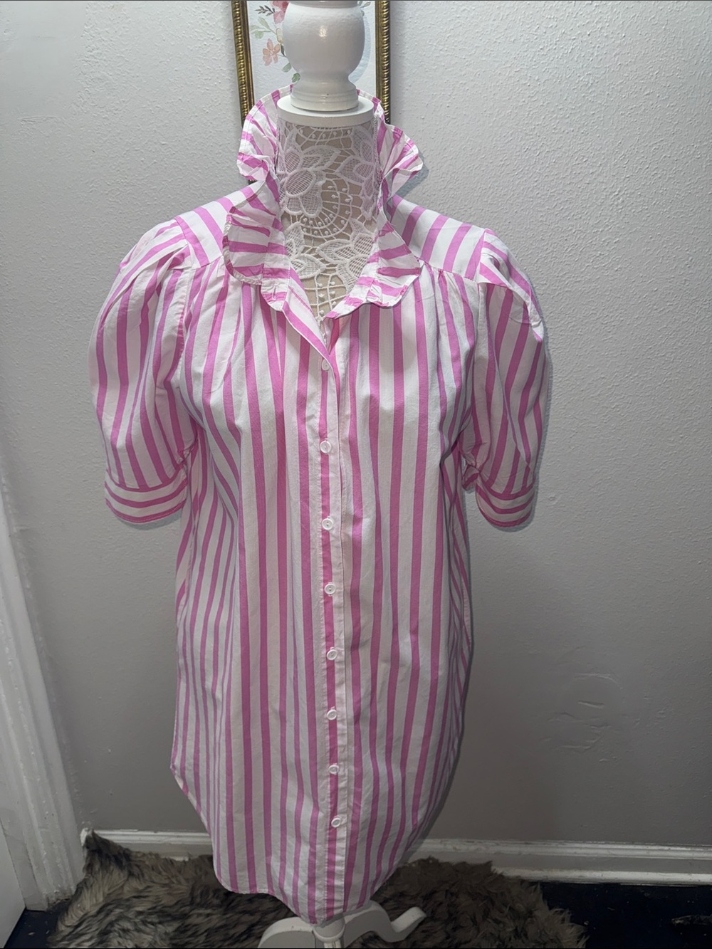 Adrienne Pink & White Striped Ruffle-Collar Midi Shirt Dress